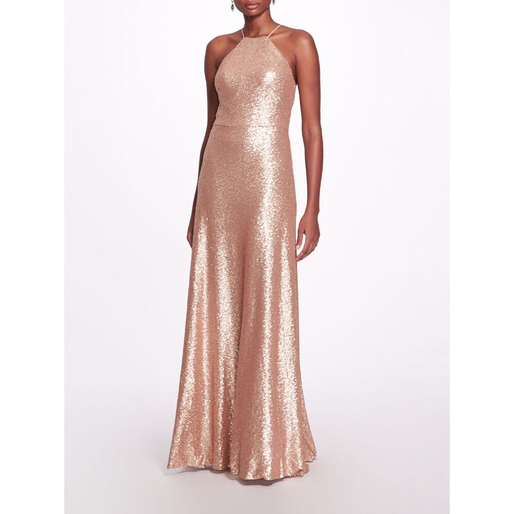 Marchesa Notte Gold Sequin Gown Prom Formal Floor Length Glam size 0